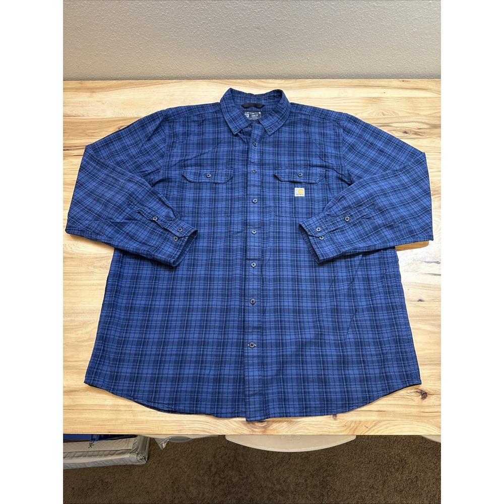 Carhartt 106355 Men's Chambray Long Sleeve Blue Plaid Shirt Size 2XL Tall